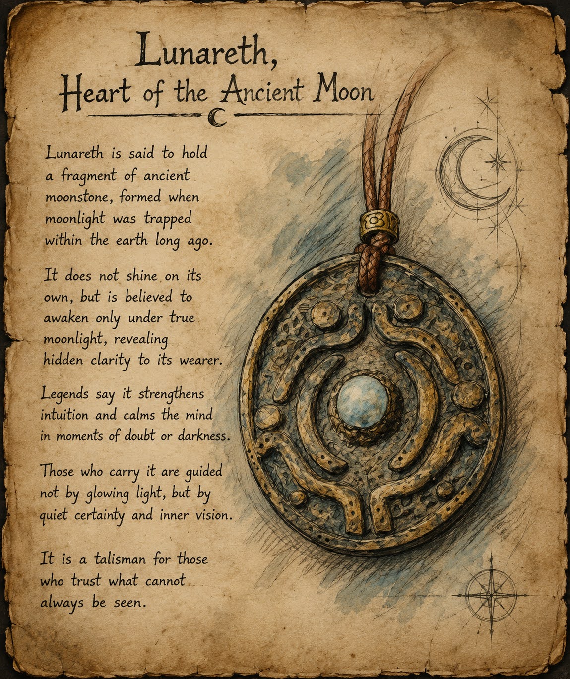 Illustration of the Ancient Moonstone Amulet in a fantasy RPG concept art style, resembling an item sketch from a DnD adventure book.