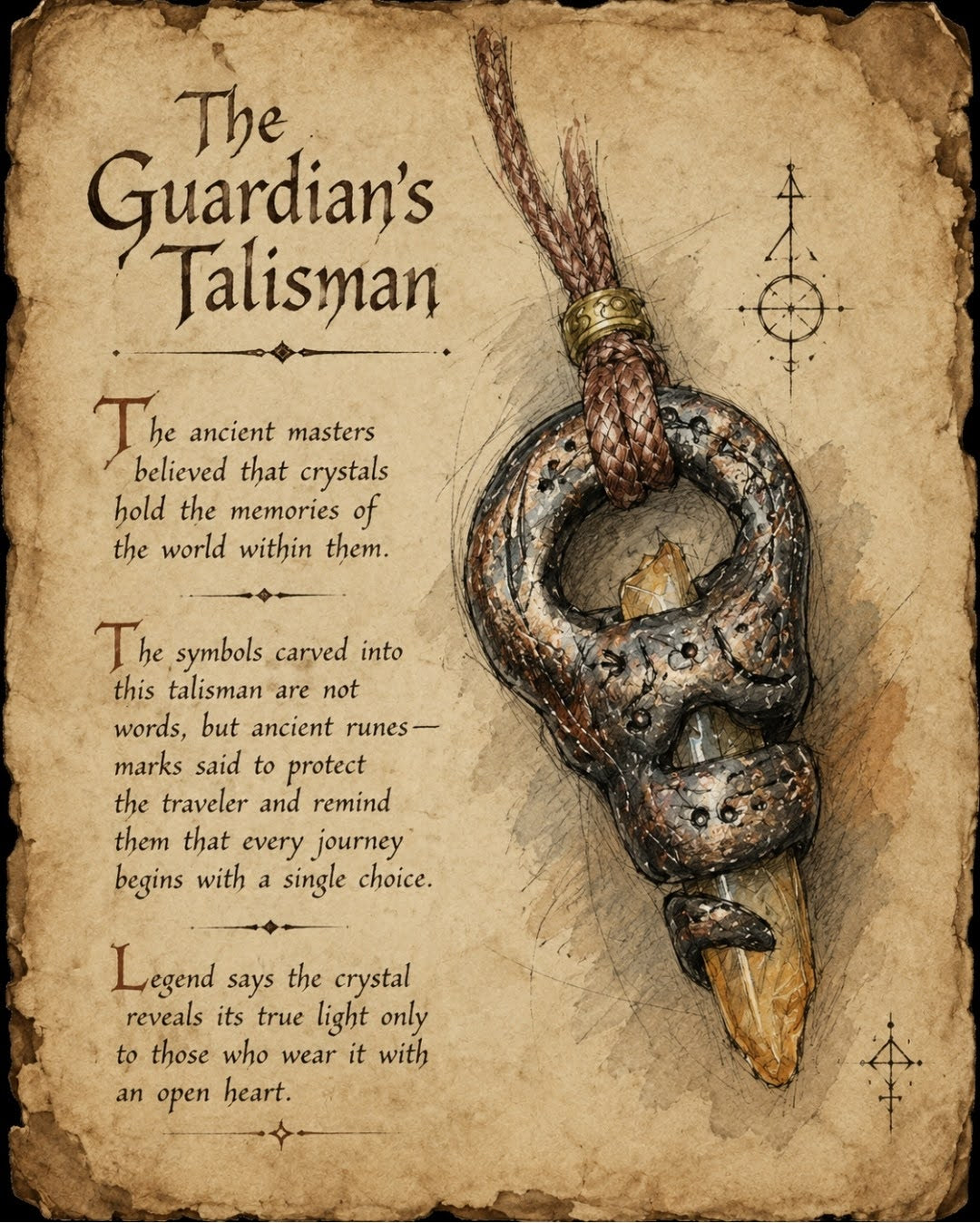 Illustration of the Ancient Relic Necklace in a fantasy RPG concept art style, resembling an item sketch from a tabletop role-playing game adventure handbook