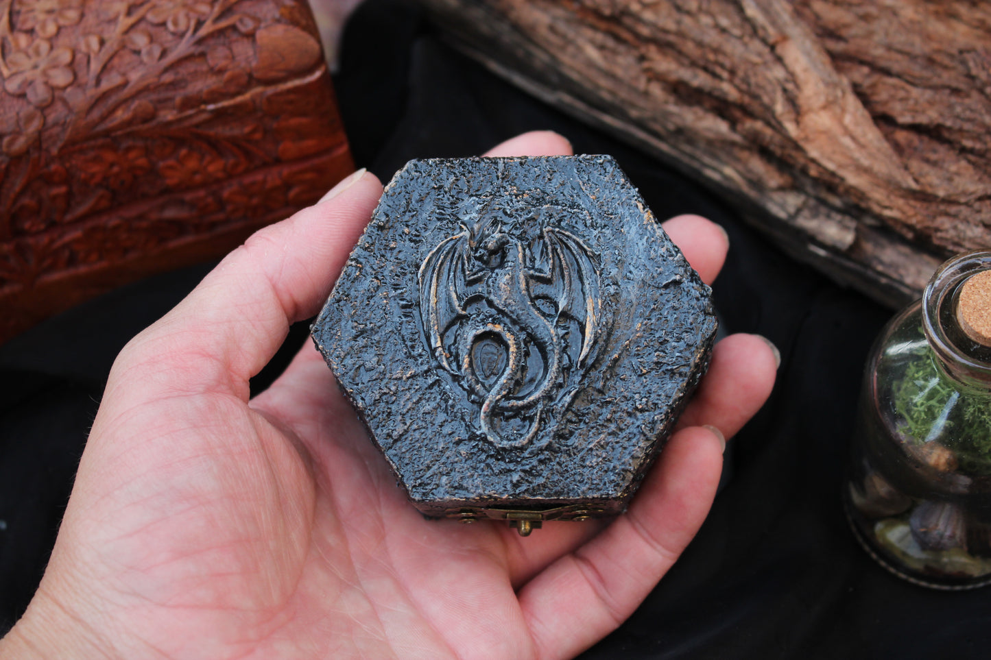 Artisan dragon treasure chest with protective varnished finish