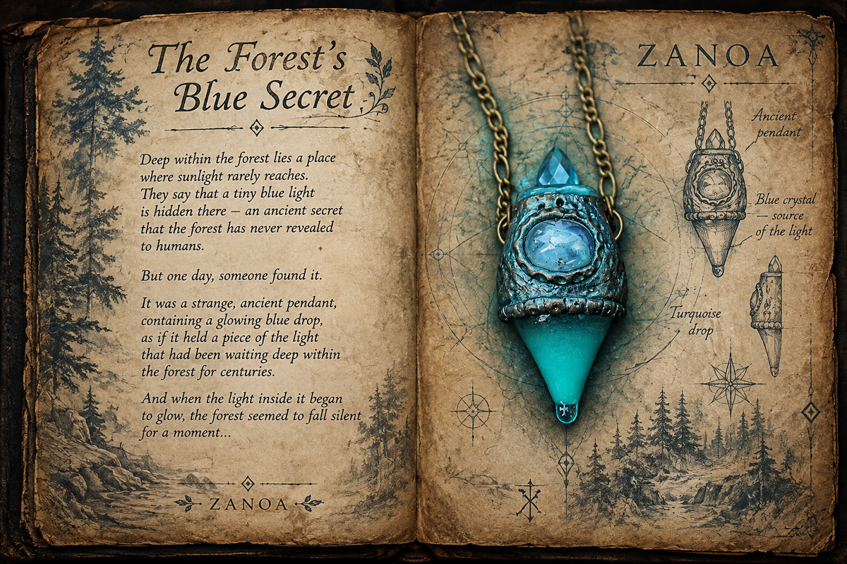 Fantasy codex illustration depicting a glowing turquoise potion pendant hidden within an enchanted forest