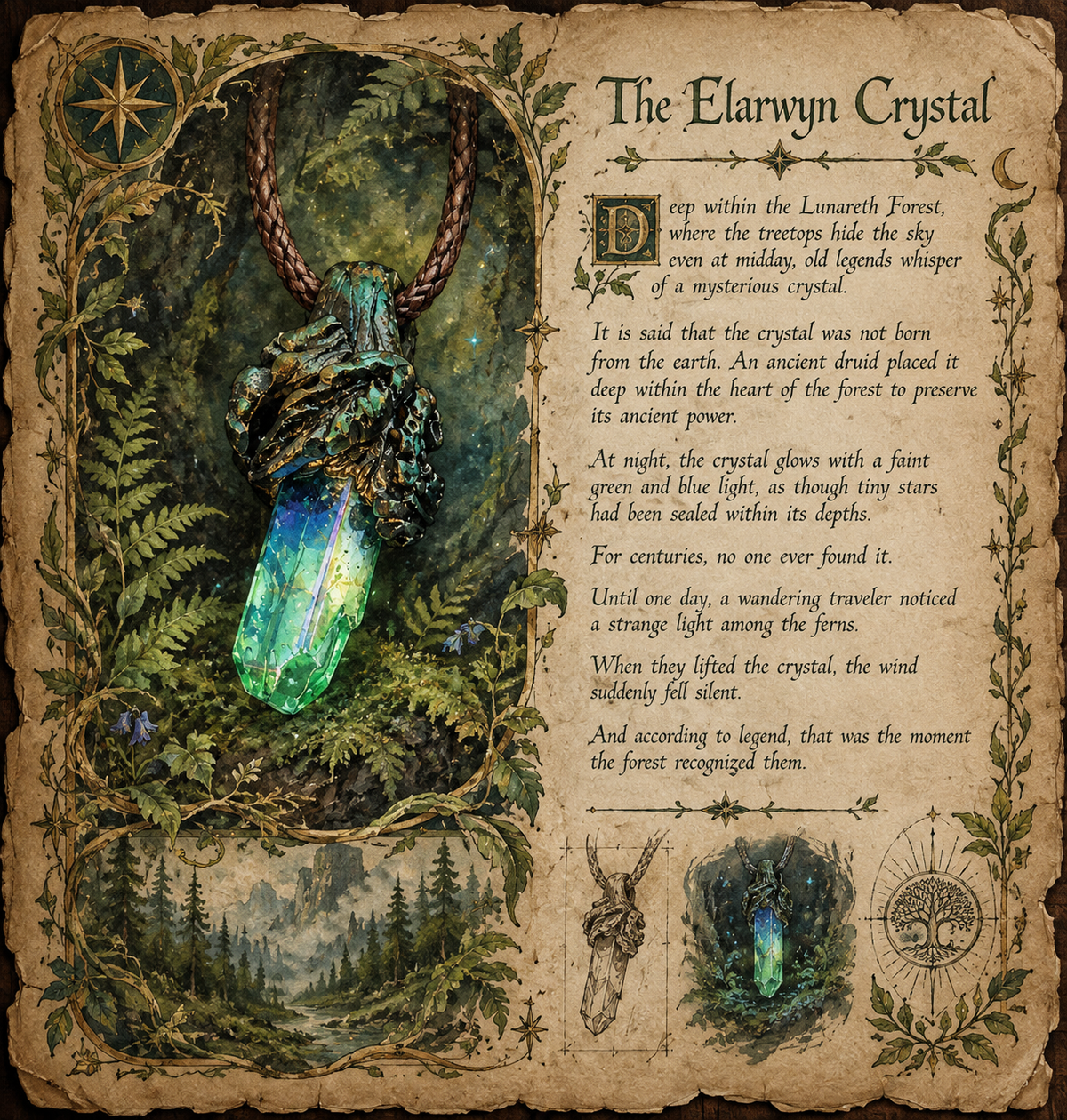 An aged parchment-style print titled 'The Elarwyn Crystal' featuring fantasy artwork of a glowing blue-green crystal, a deer head pendant.