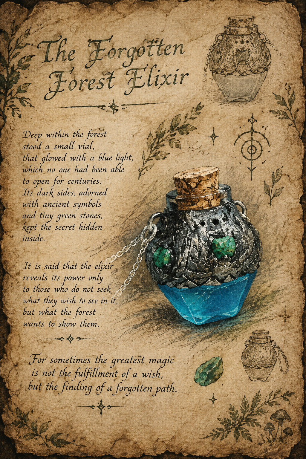 The Forgotten Forest Elixir shown in an antique fantasy codex illustration