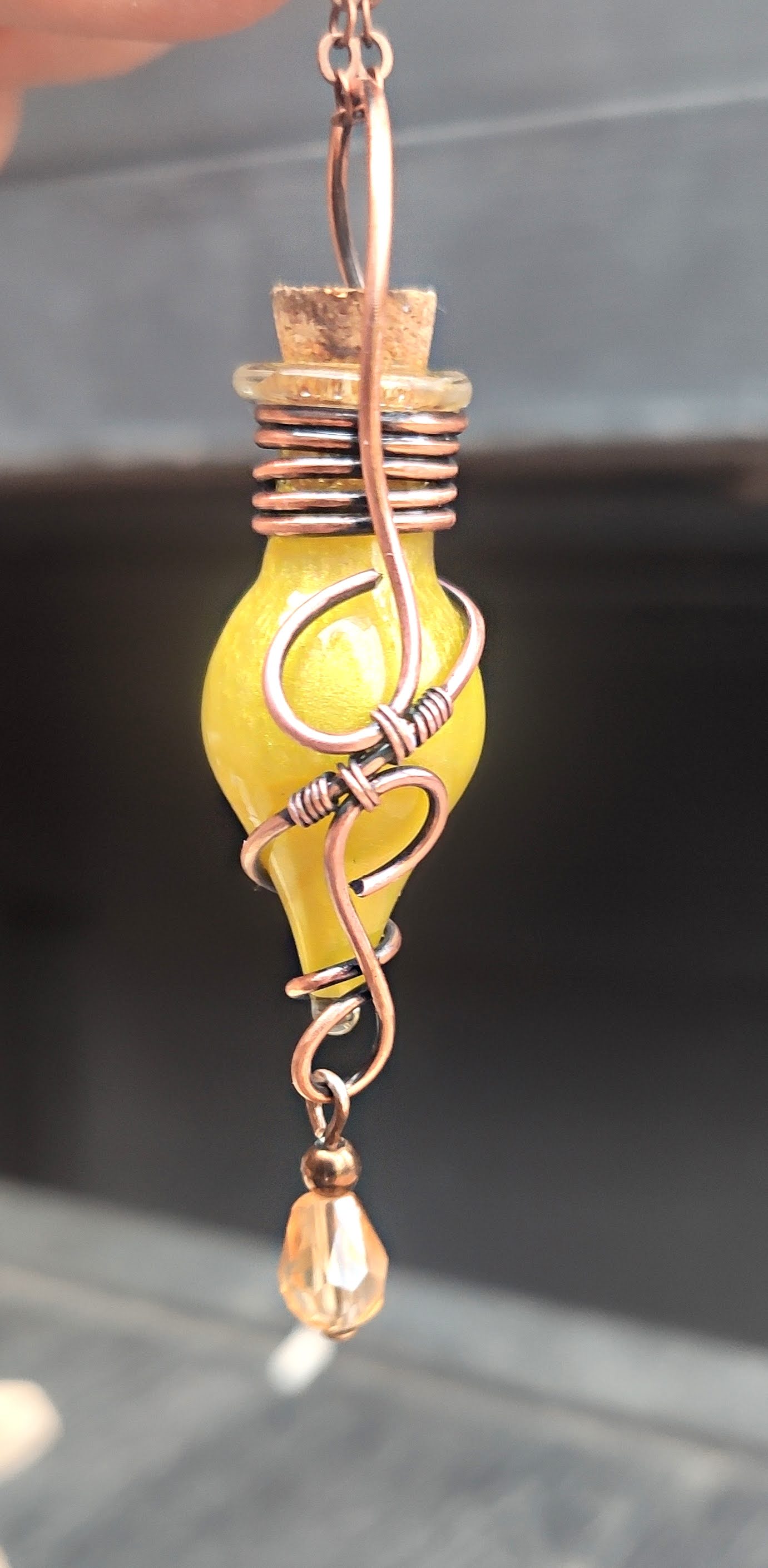 yellow potion bottle necklace with crystal unique handmade magical vial pendant