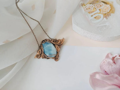 Handmade blue opal necklace with adjustable copper chain and artisan finish