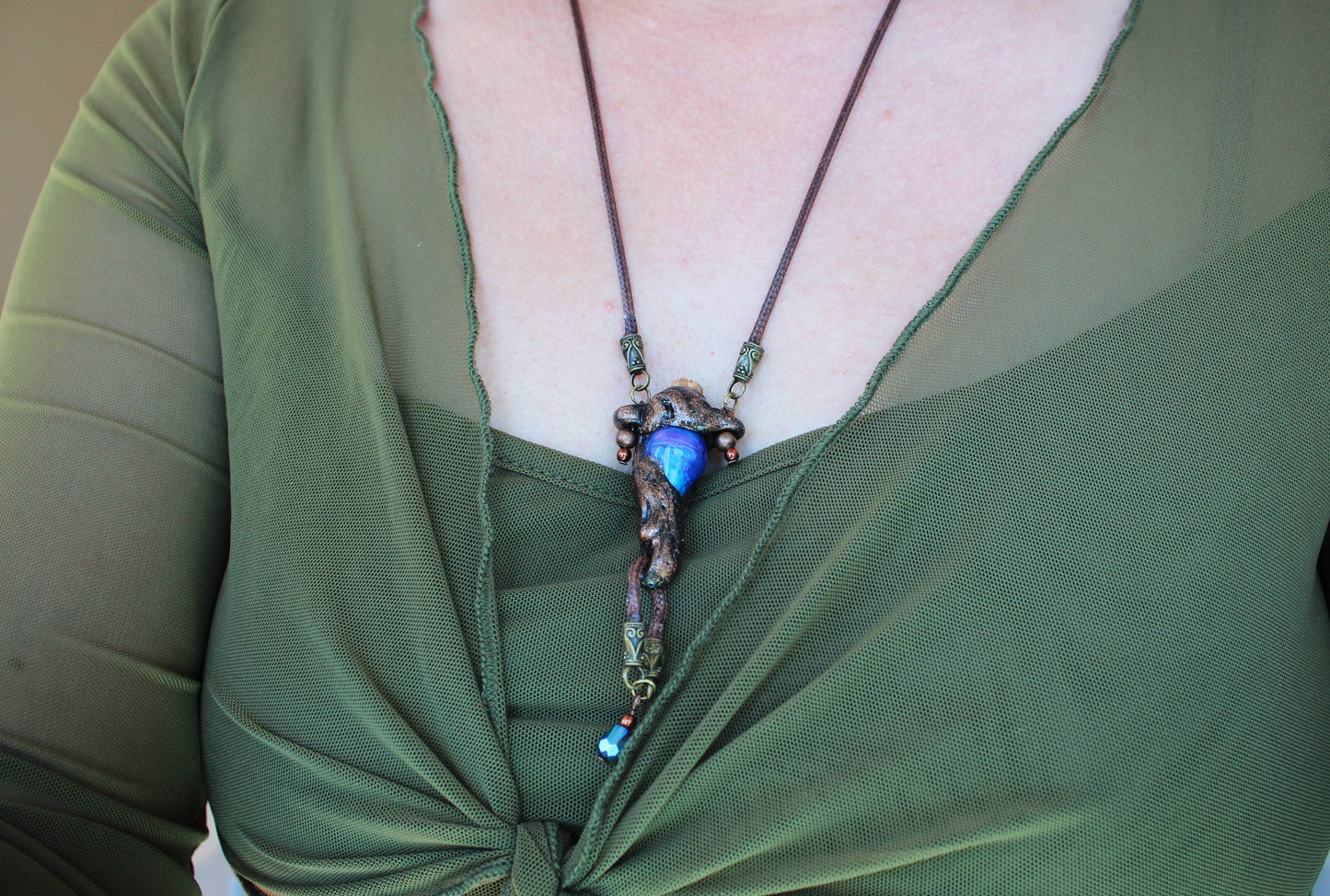 Handmade fantasy pendant necklace with adjustable waxed cord