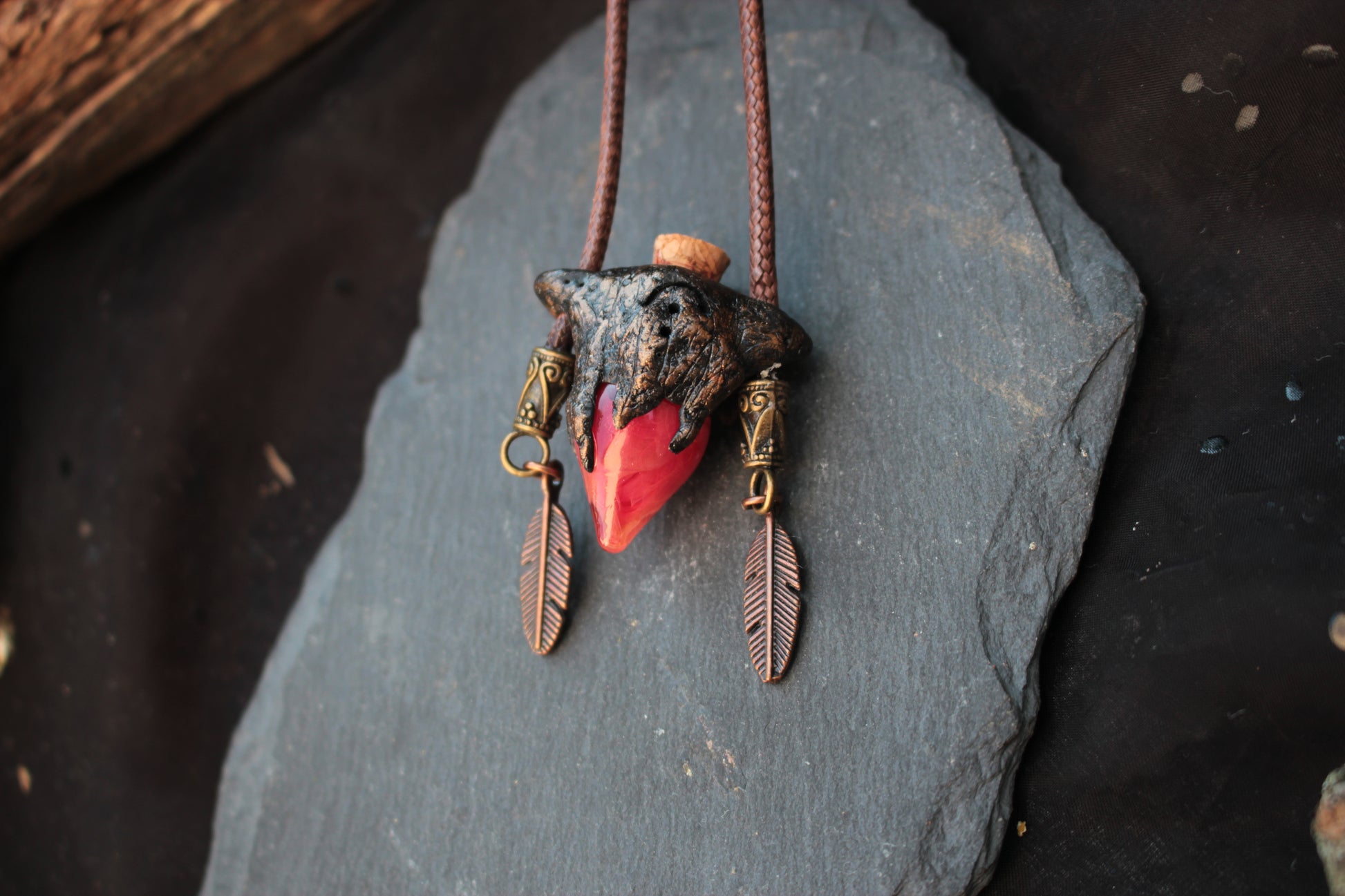 Fantasy artifact necklace with antique bronze finish and magical potion design