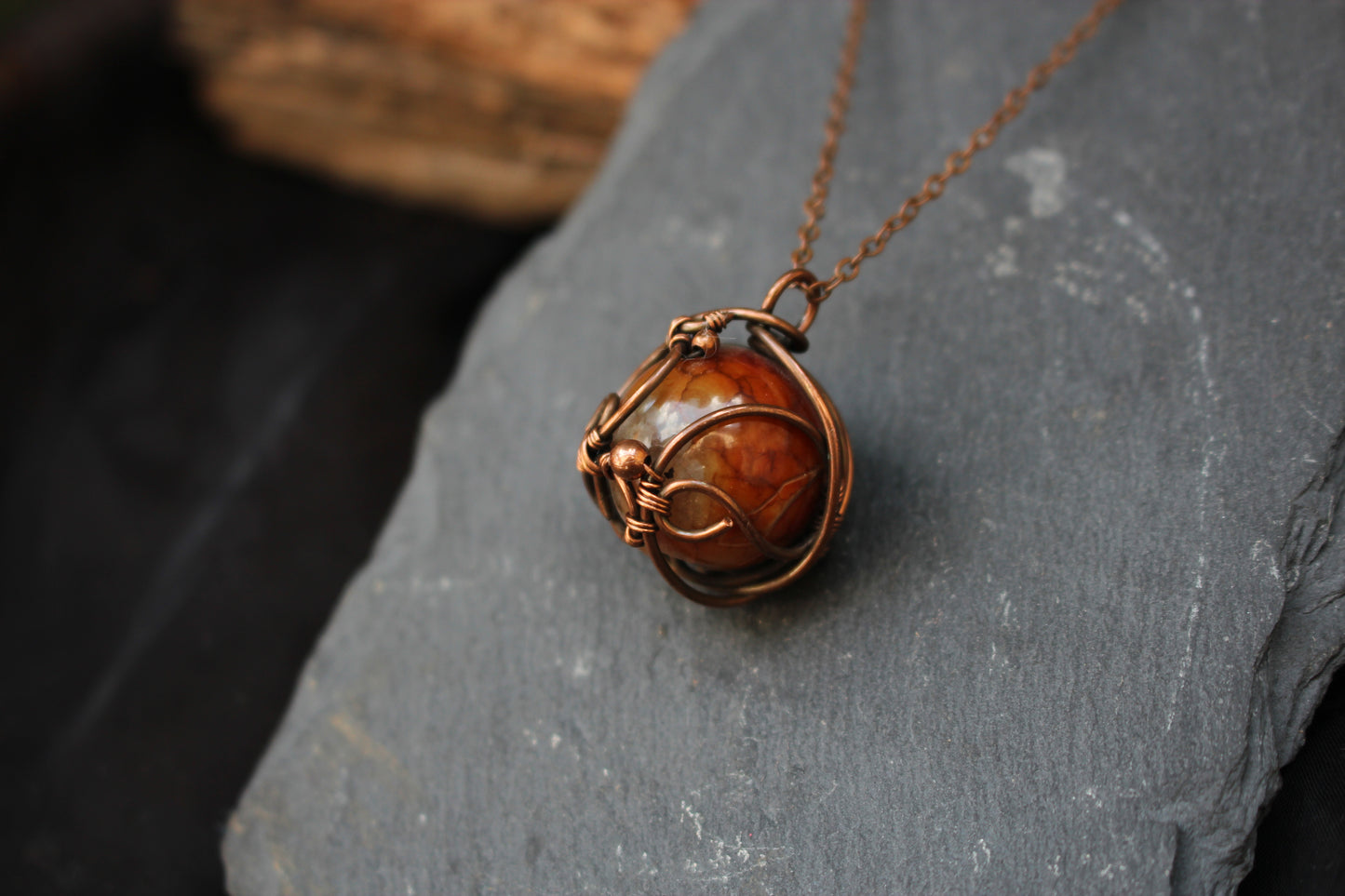 Artisan copper wire wrapped dragon vein agate statement necklace