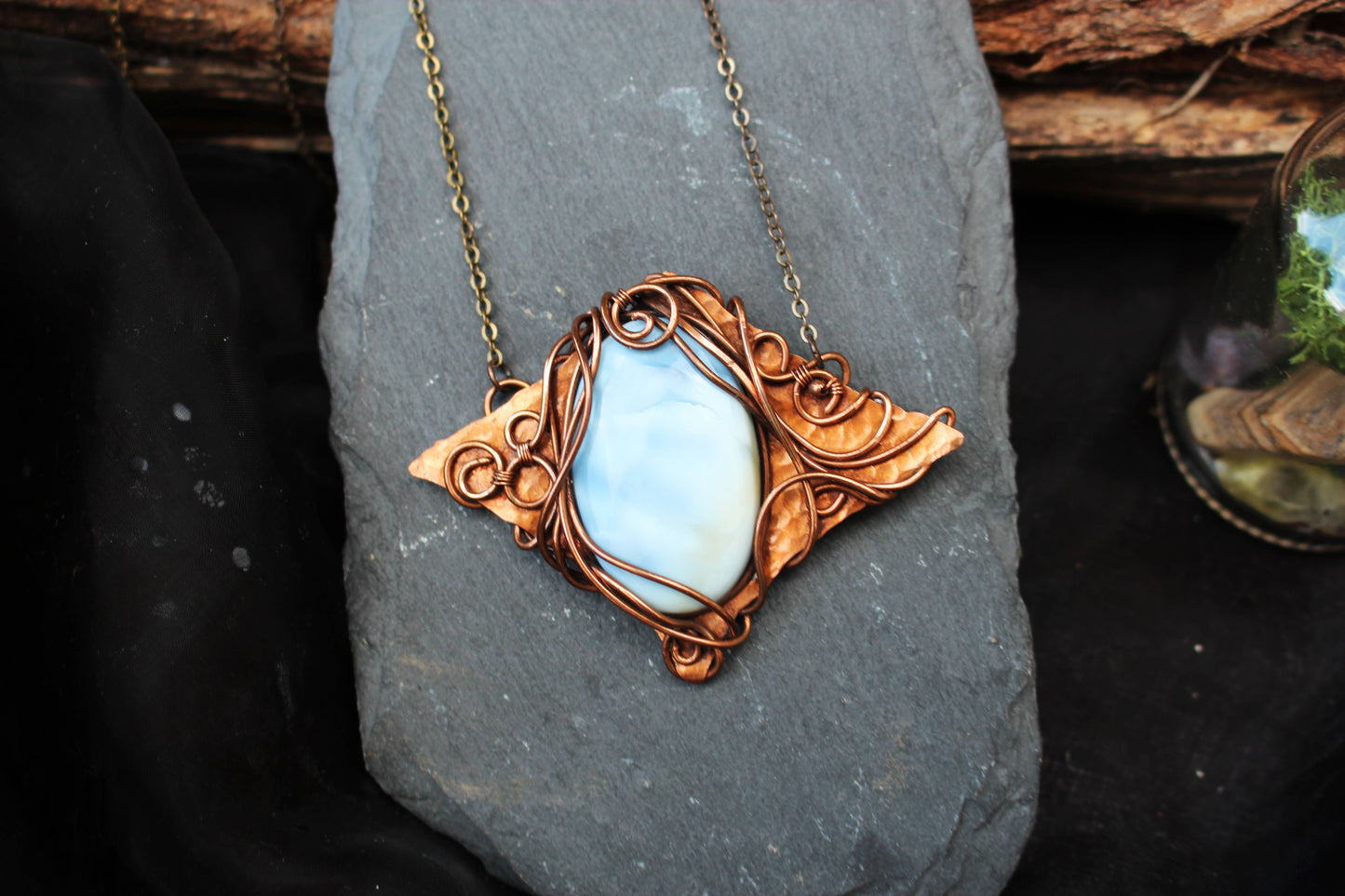 Artisan handmade copper wire wrapped blue opal pendant necklace