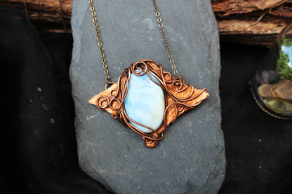 Artisan handmade copper wire wrapped blue opal pendant necklace