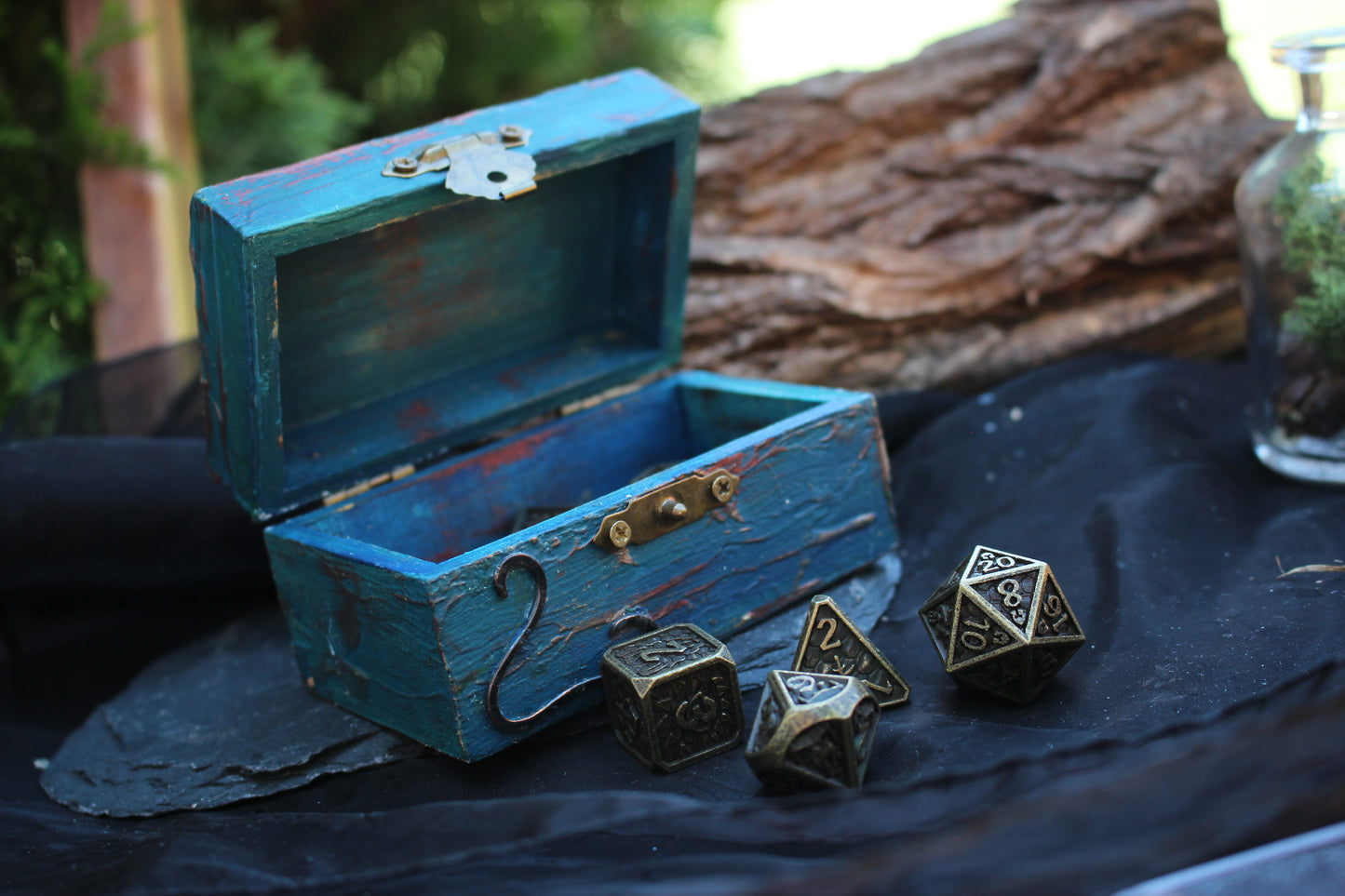 Artisan crafted wooden dice box with copper decoration and gemstone