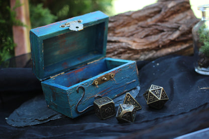 Artisan crafted wooden dice box with copper decoration and gemstone