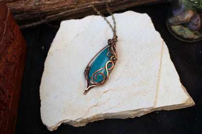 Unique blue agate gemstone pendant with handmade copper wire wrapping