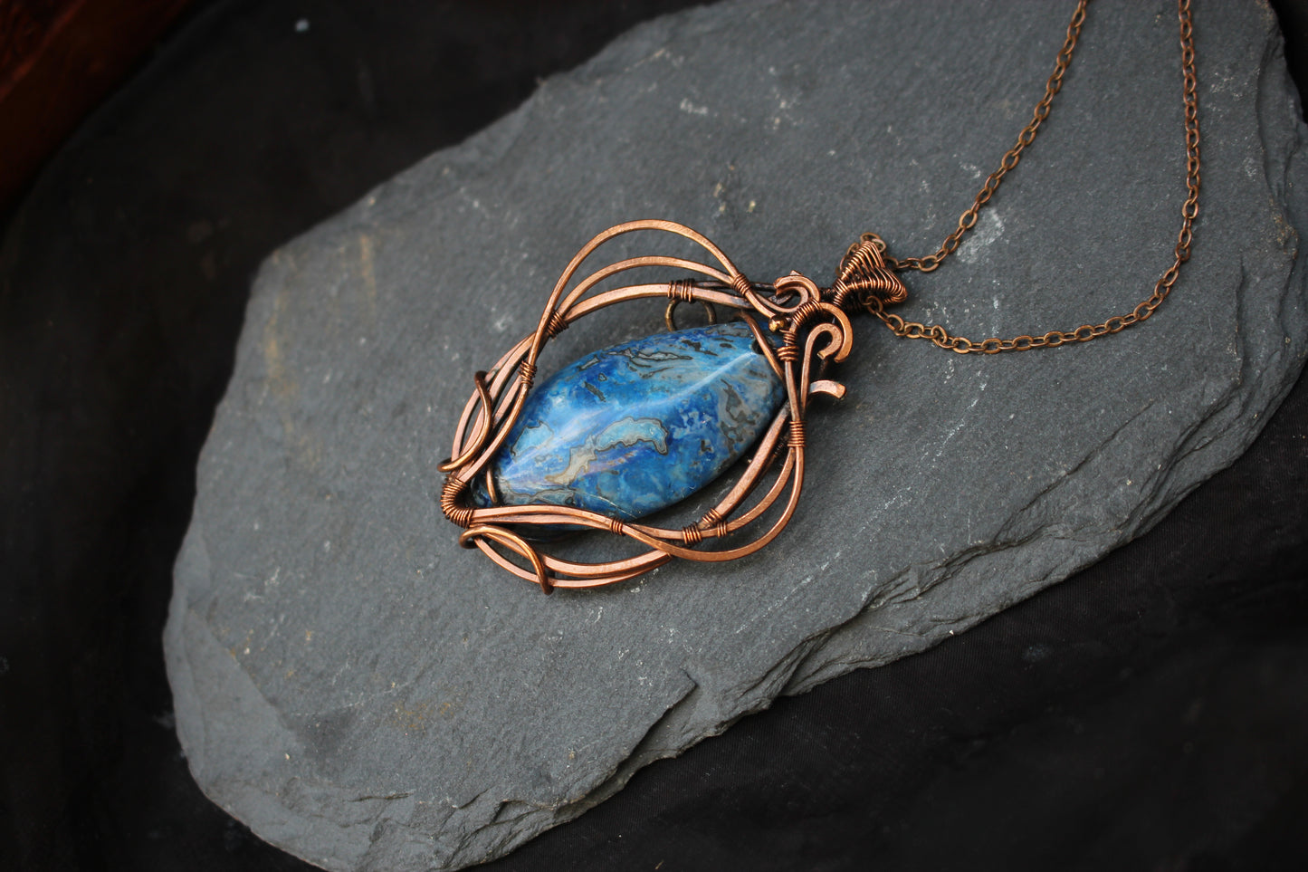 One of a kind blue crazy agate wire wrapped copper pendant handmade