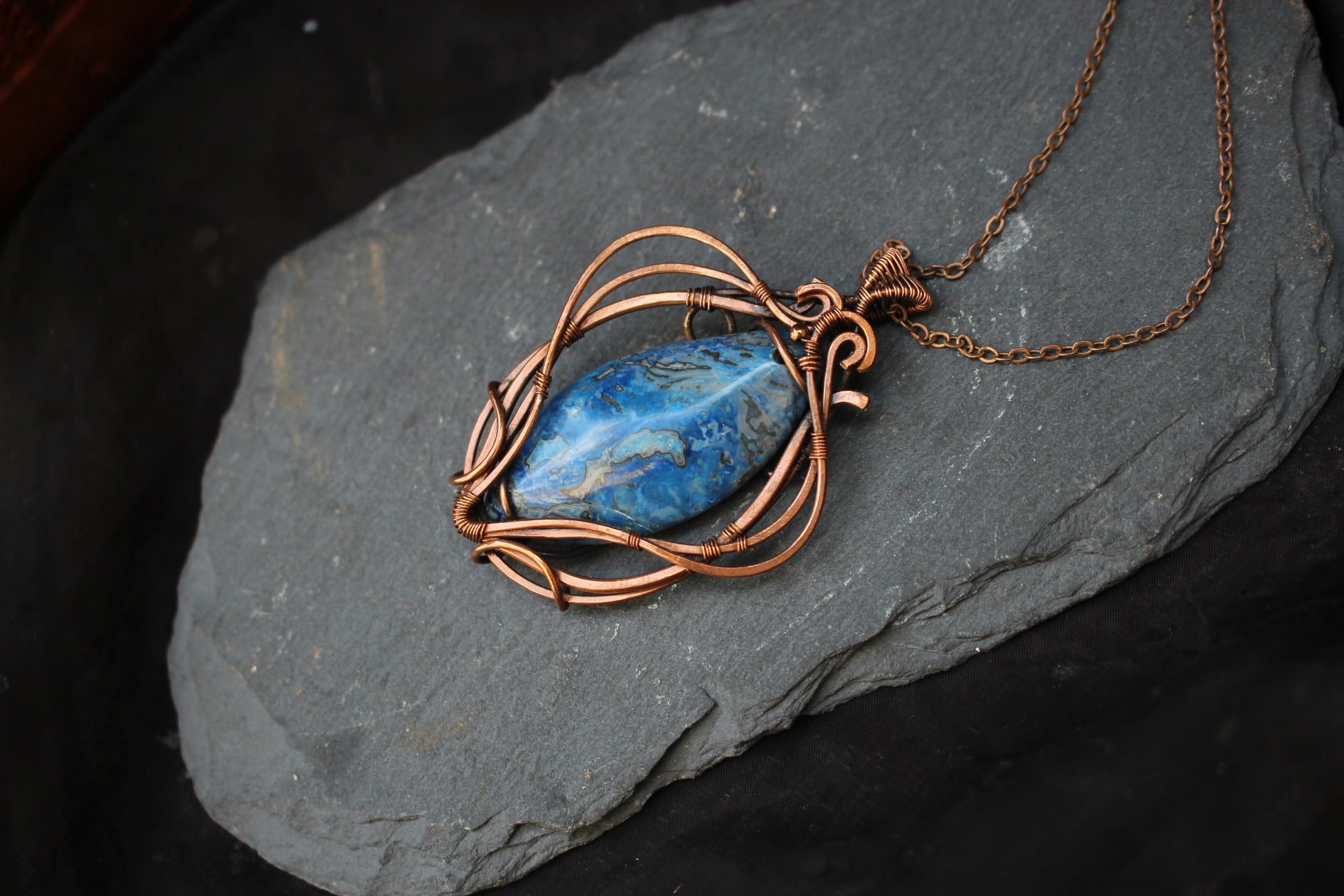 One of a kind blue crazy agate wire wrapped copper pendant handmade