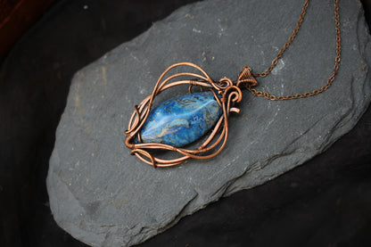 One of a kind blue crazy agate wire wrapped copper pendant handmade