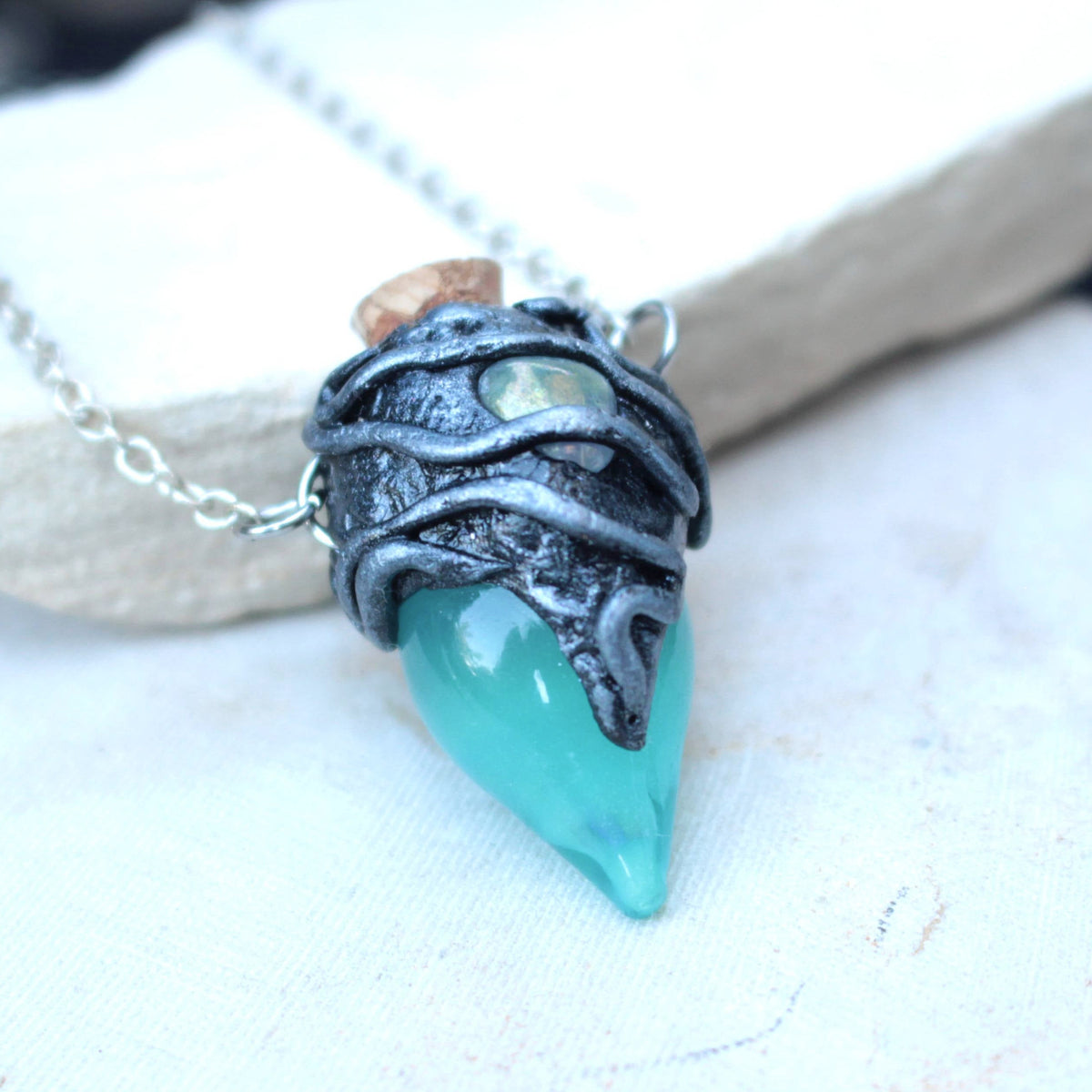 Turquoise glowing bottle necklace with gemstone and silver chain