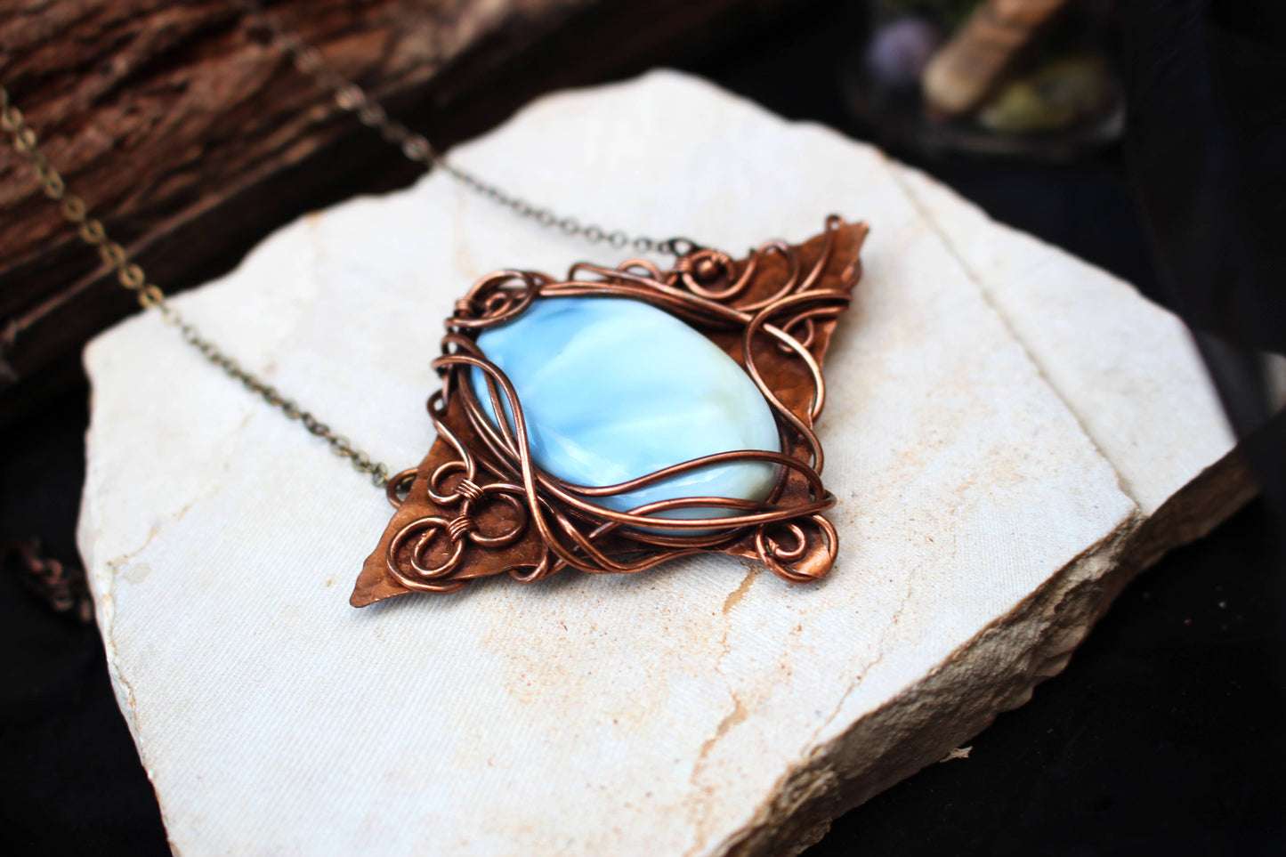 Blue opal gemstone wire wrapped in copper for artisan necklace