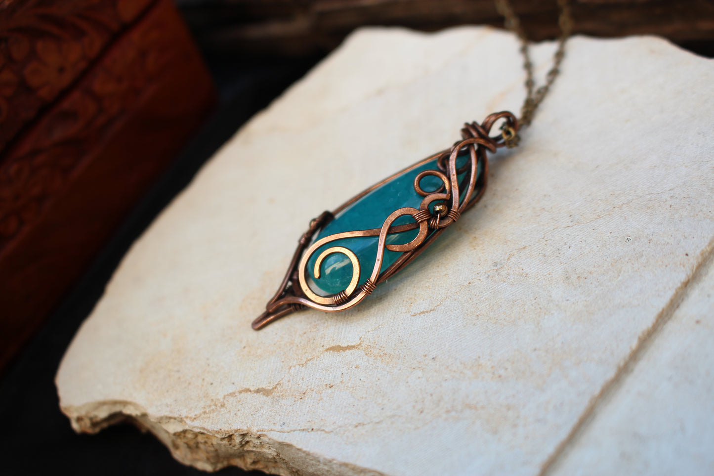 Bohemian blue agate wire wrapped necklace handcrafted from copper wire