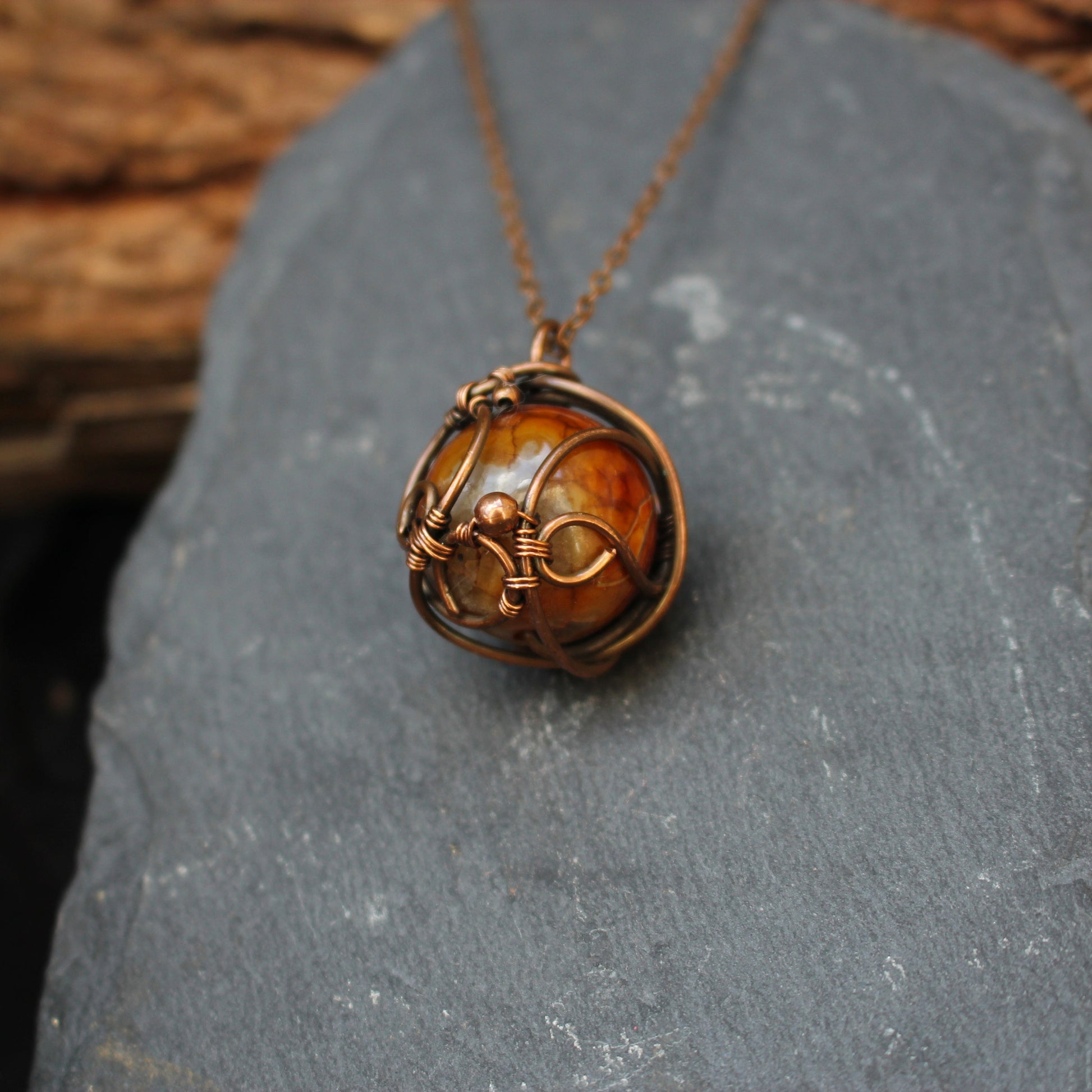Bohemian dragon vein agate pendant handcrafted with copper wire wrapping