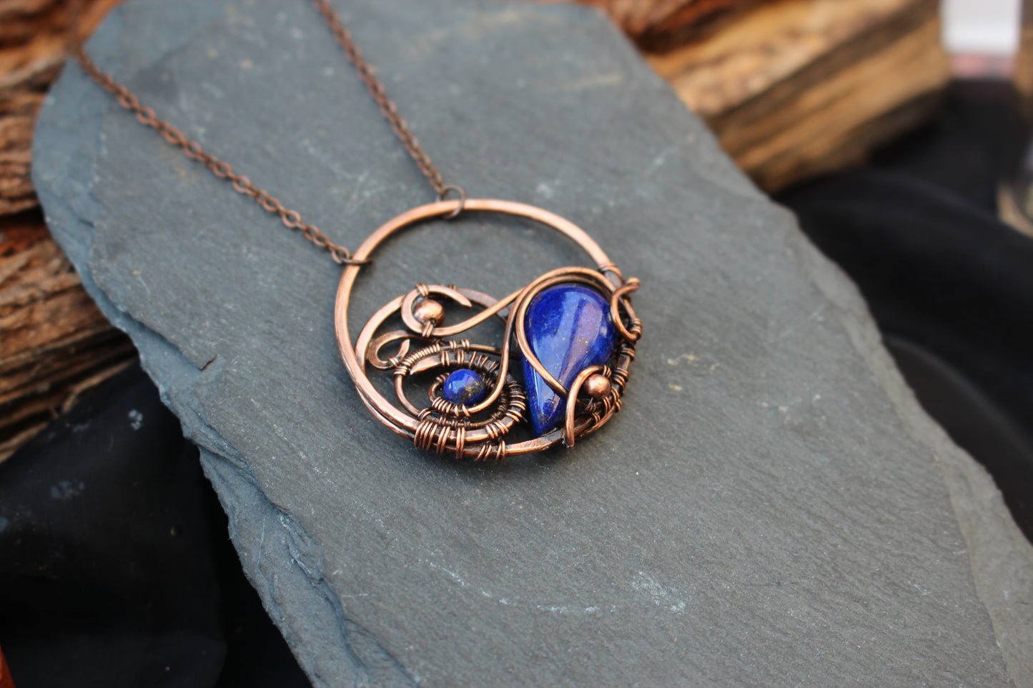Boho style handmade gemstone necklace with copper wire wrapping
