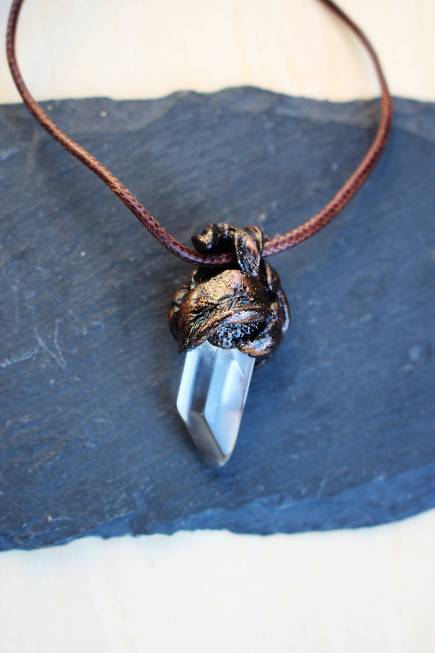 Bronze style leaf necklace with natural crystal
