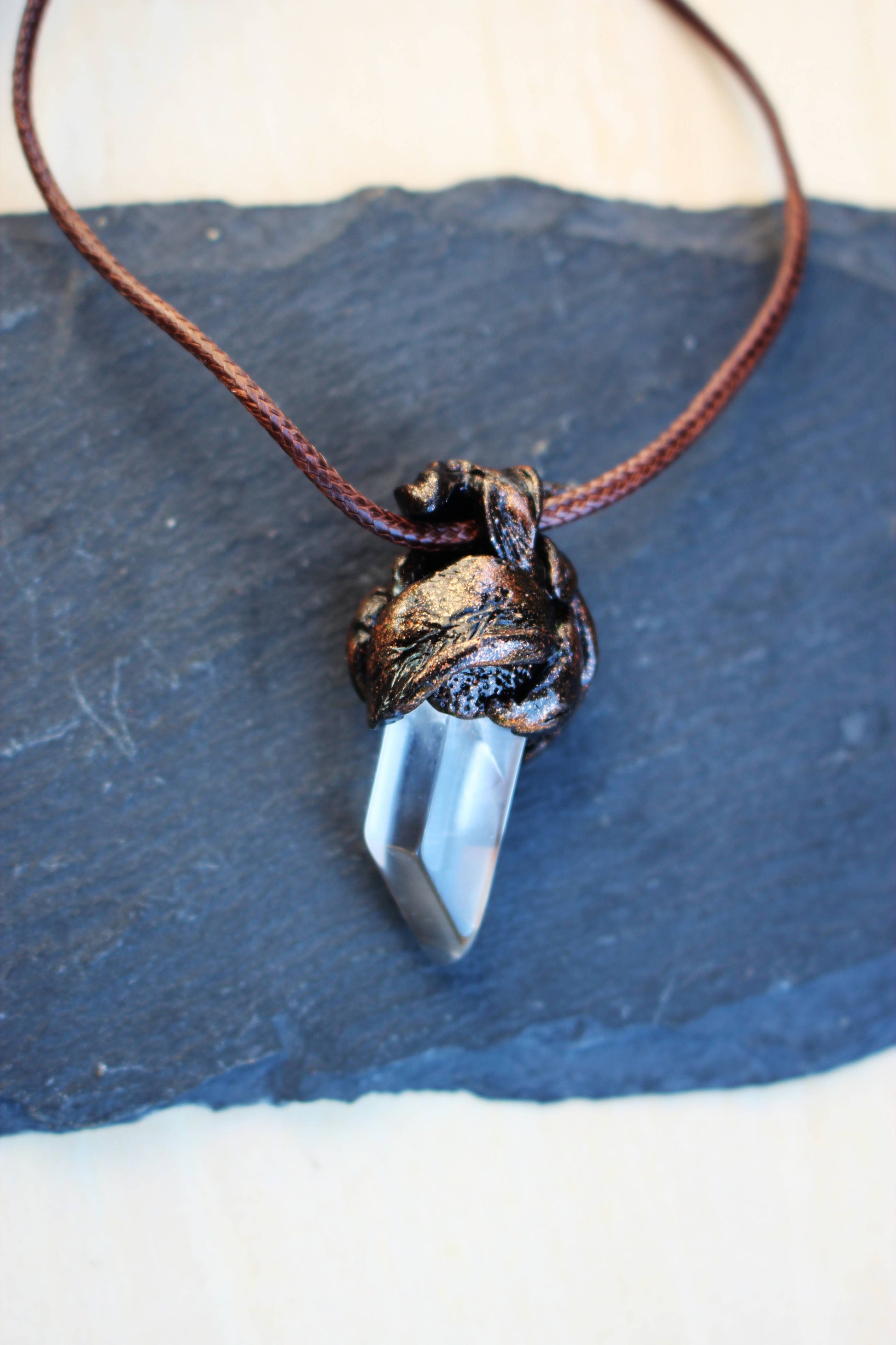 Bronze style leaf necklace with natural crystal