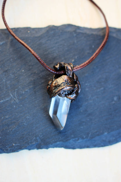 Bronze style leaf necklace with natural crystal