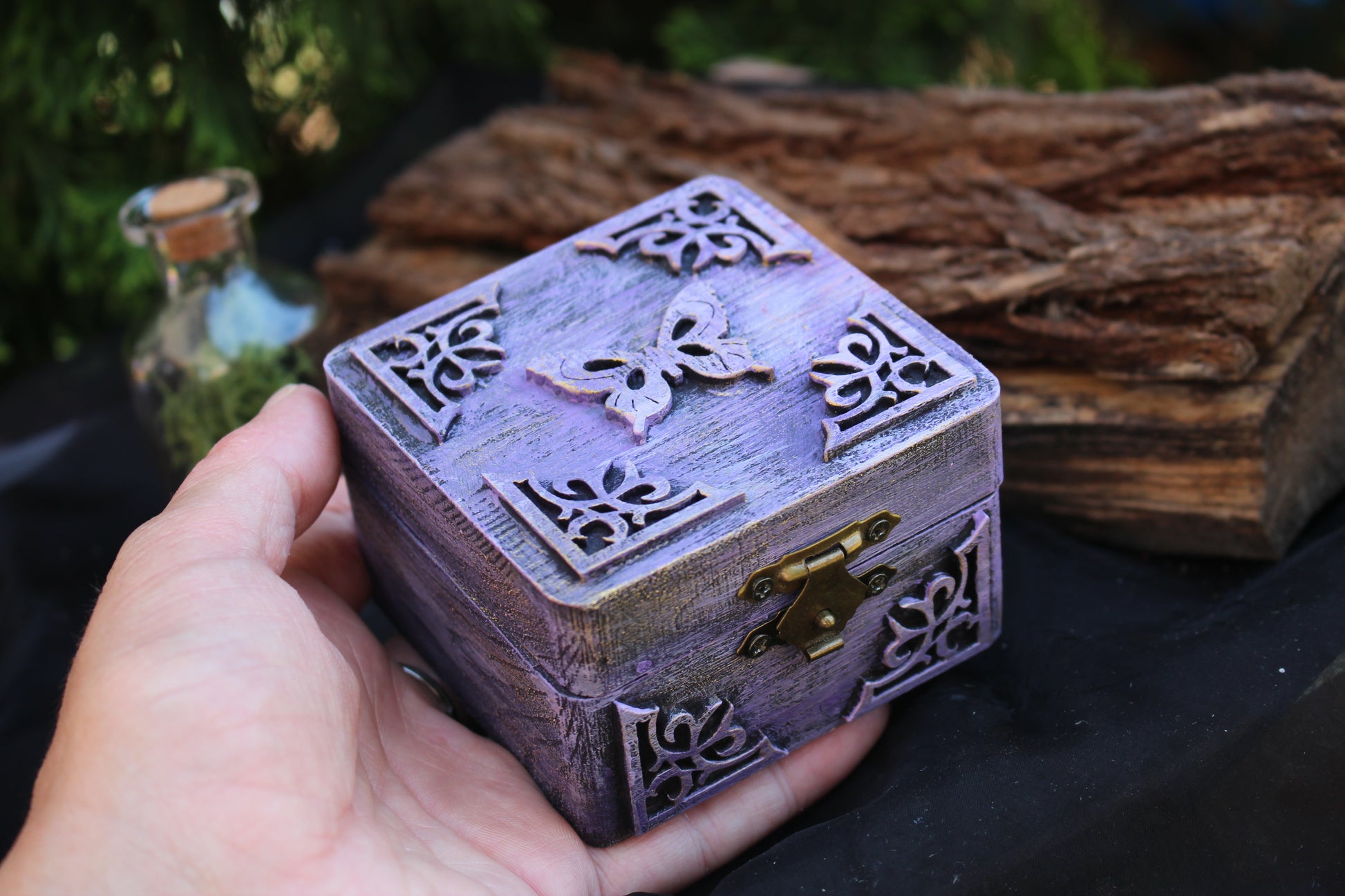 Purple wooden gift box with butterfly design for special occasions