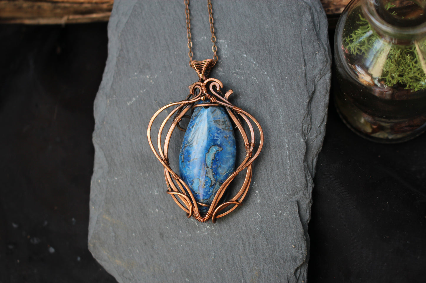 Unique blue crazy agate gemstone jewelry handcrafted with copper wire