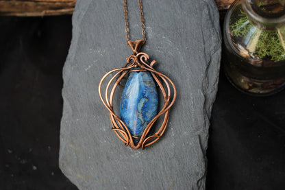 Unique blue crazy agate gemstone jewelry handcrafted with copper wire