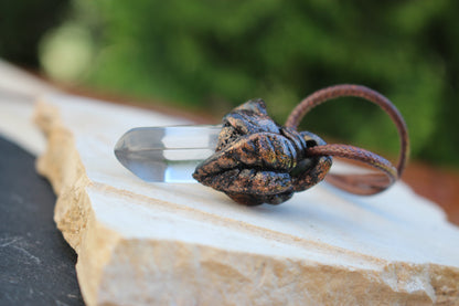 Leaf pendant with genuine Quartz Crystal and bronze finish