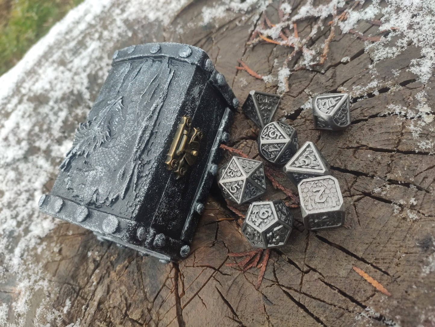 Back side of handmade dragon themed wooden chest