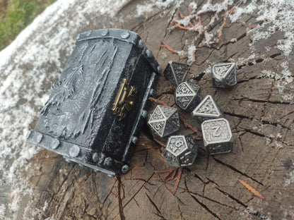 Back side of handmade dragon themed wooden chest