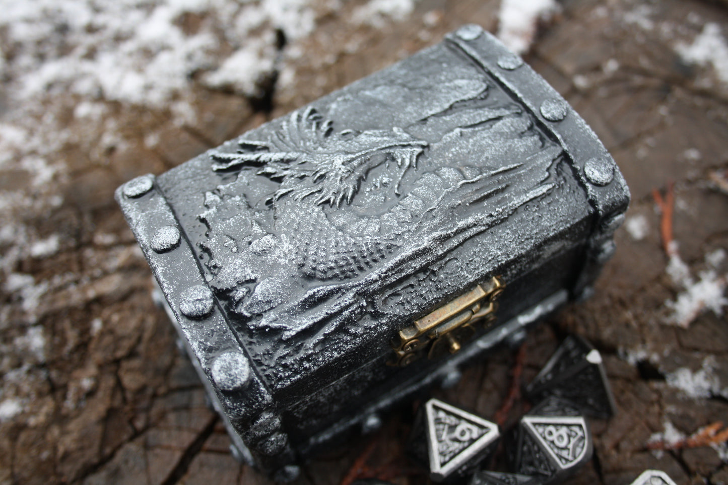 Handmade dragon themed wooden treasure chest for RPG dice storage