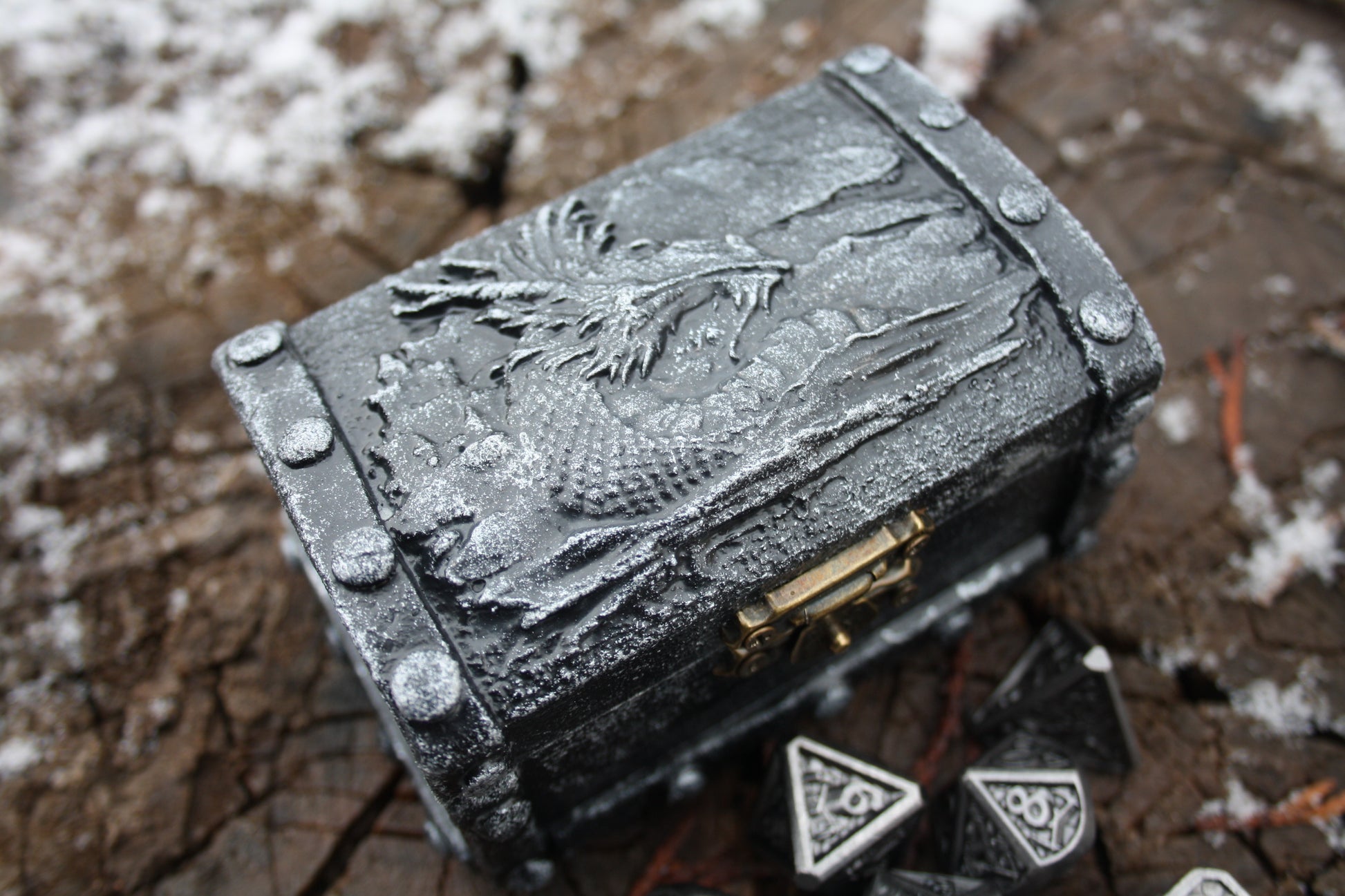 Handmade dragon themed wooden treasure chest for RPG dice storage