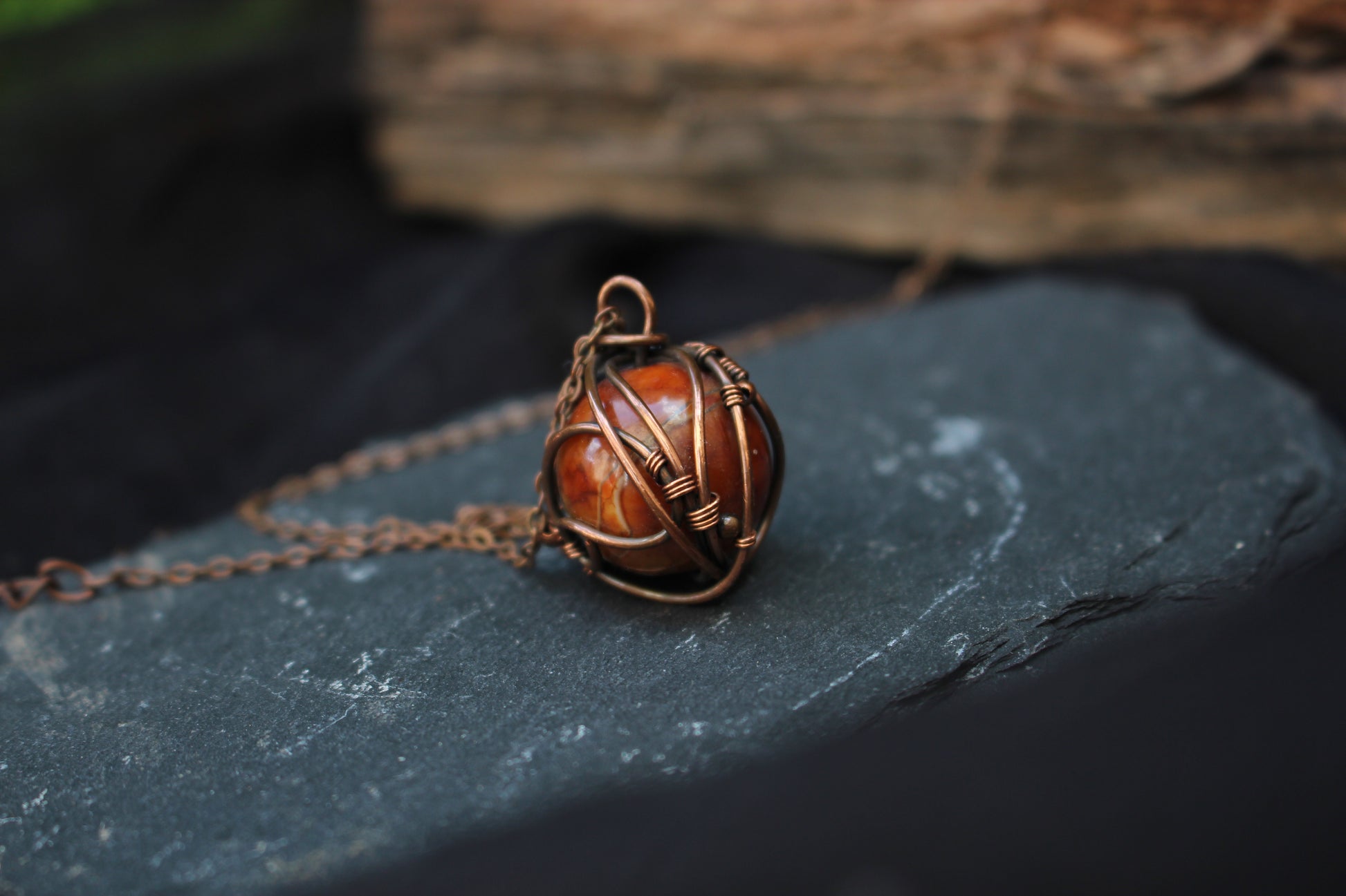 Handmade dragon vein agate boho pendant necklace wrapped in copper wire