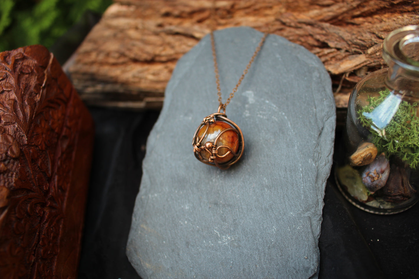 Handmade dragon vein agate copper wire wrapped pendant necklace with adjustable chain