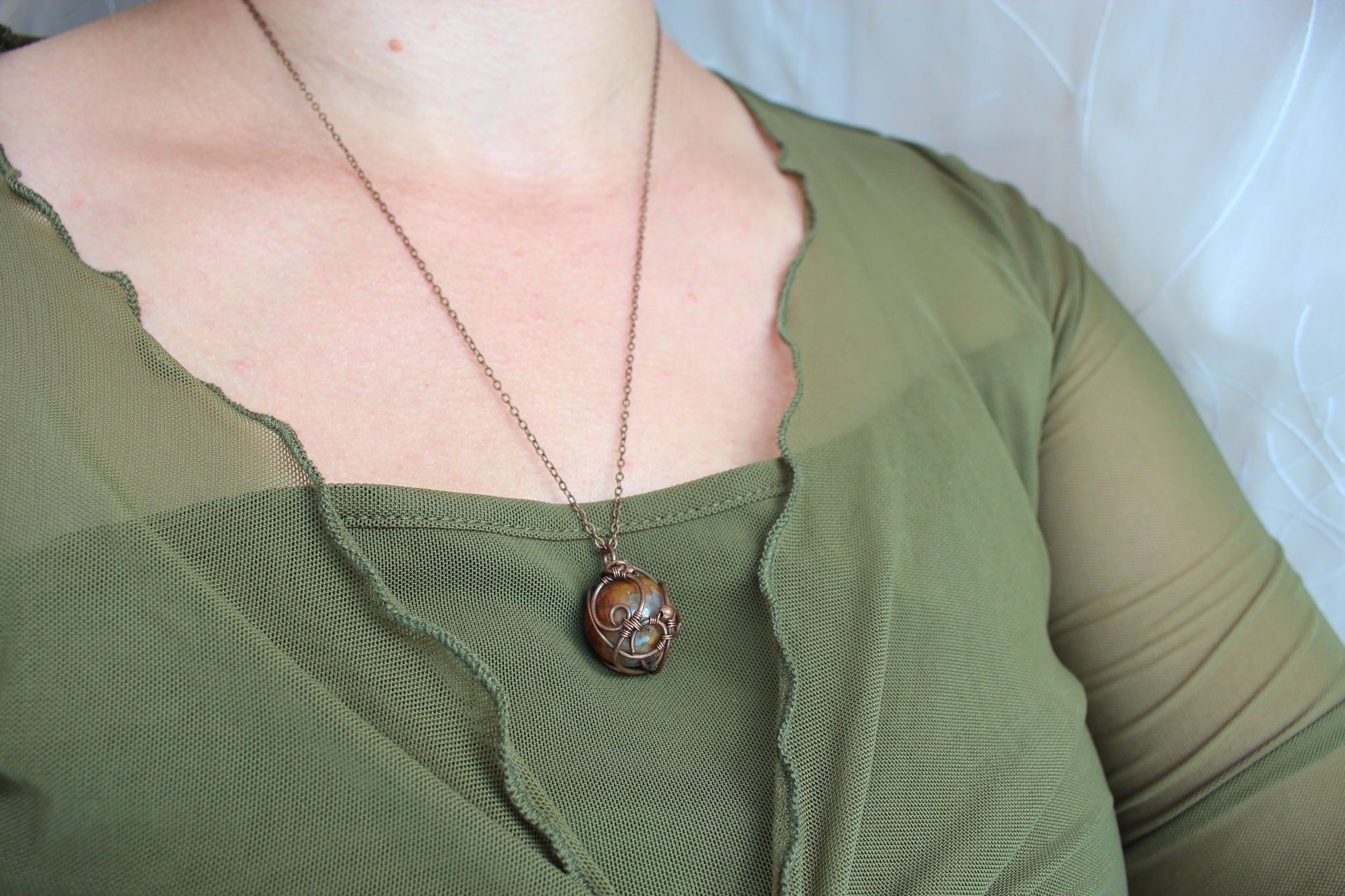 Handmade dragon vein agate pendant wrapped in copper wire with adjustable chain