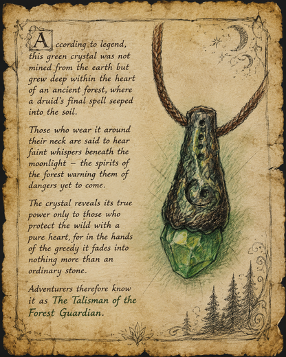 Fantasy illustration of a druid green crystal necklace with magical forest lore