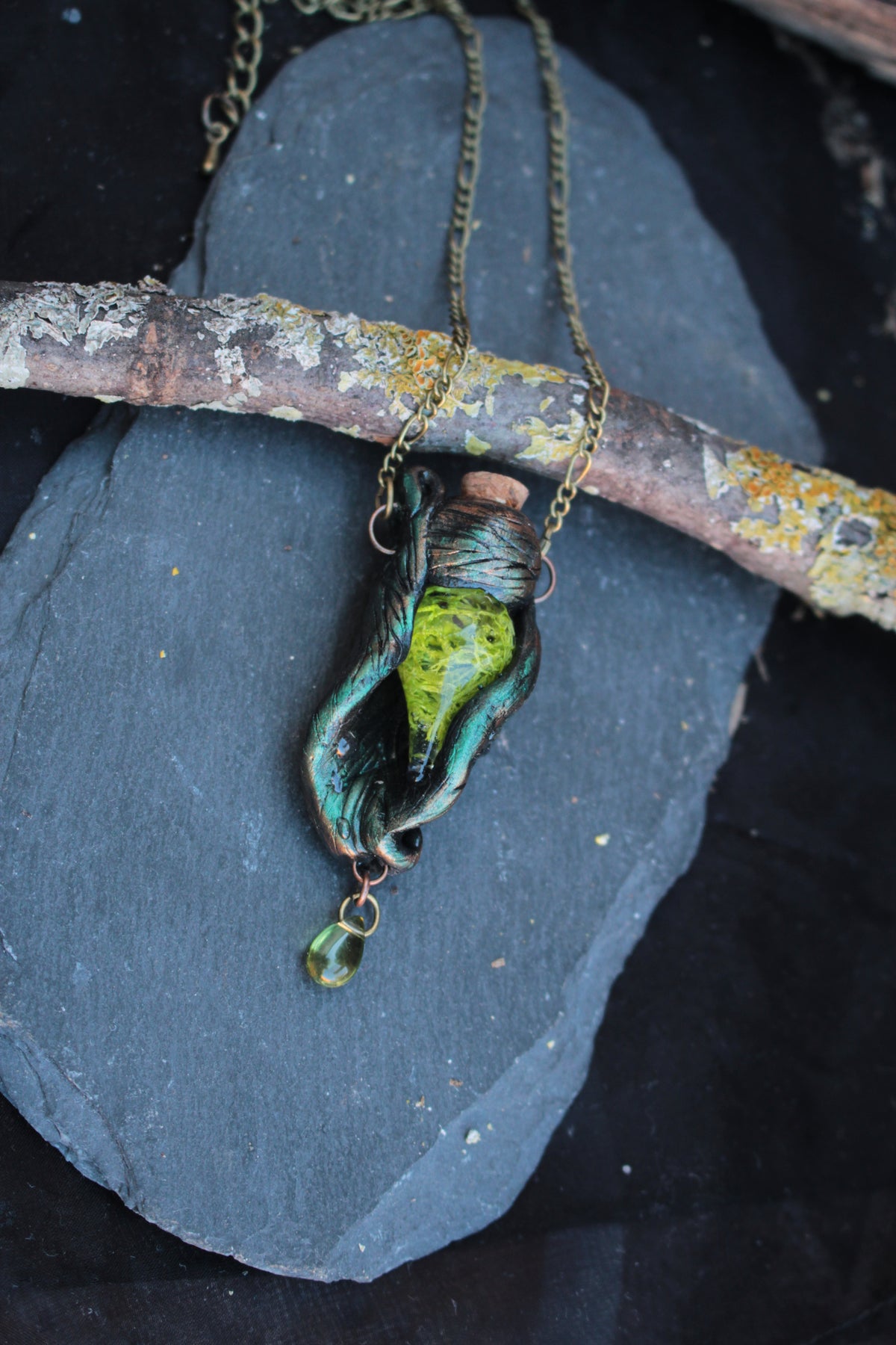 Druid inspired pendant necklace with green forest essence and handmade leaf design