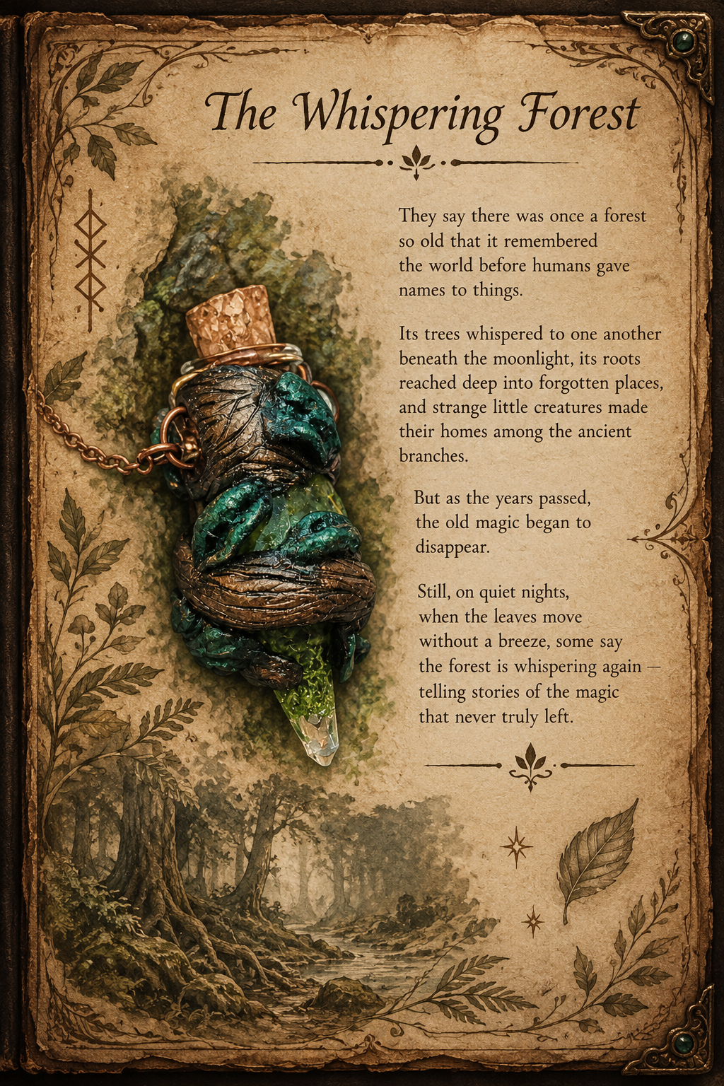 Handmade druid moss potion necklace featuring a tiny magical bottle pendant inspired by enchanted forests and nature magic.