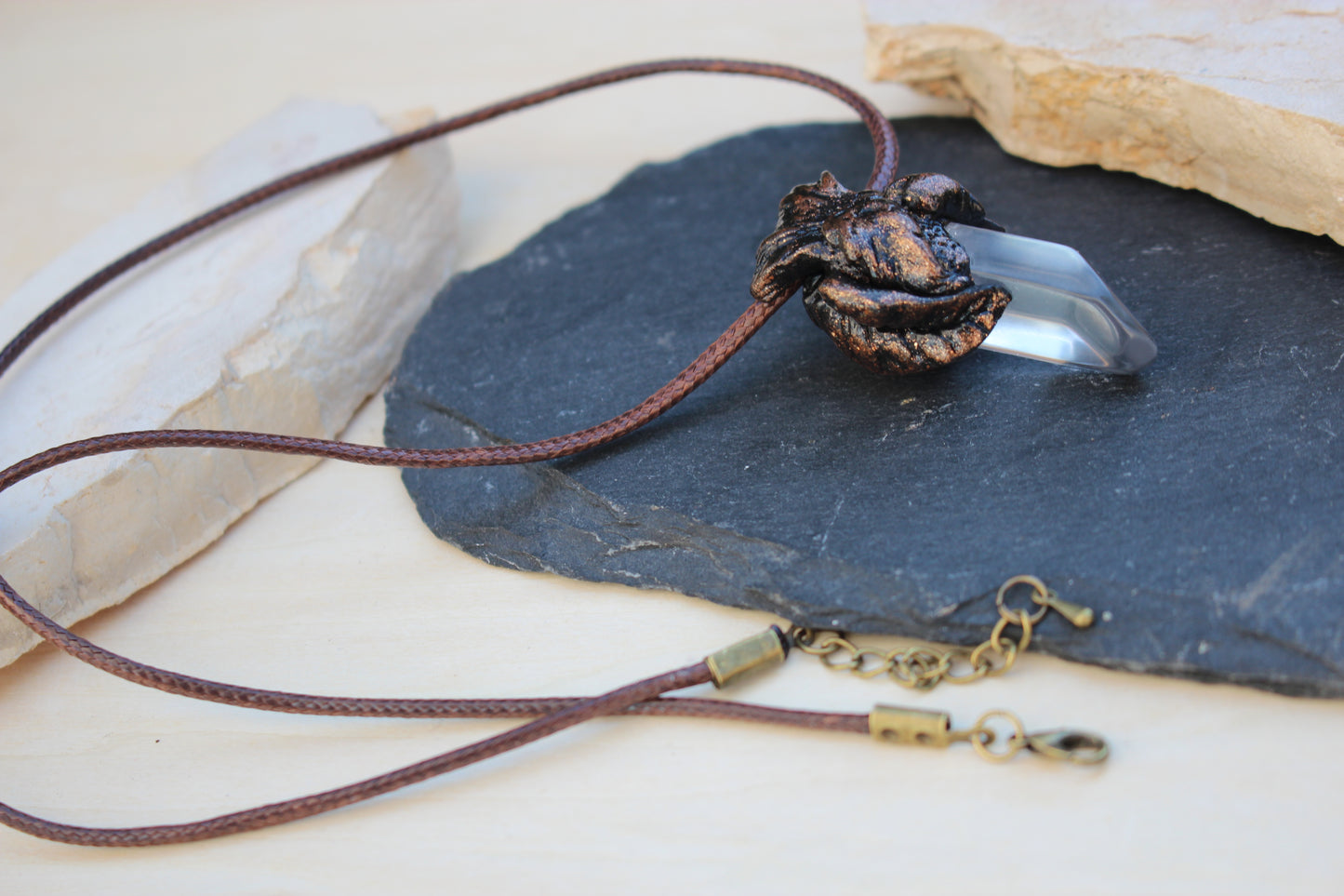 Handmade druid necklace with natural Quartz Crystal