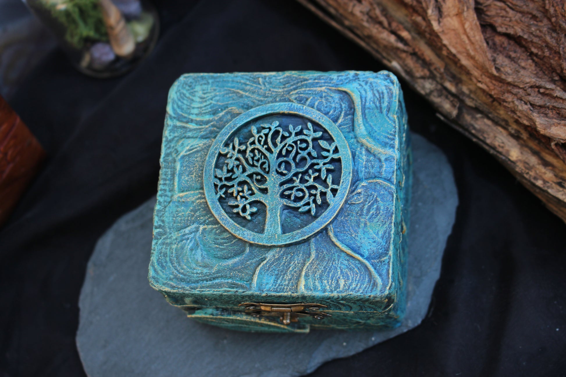 Handmade elven-inspired wooden keepsake box featuring a textured Tree of Life design