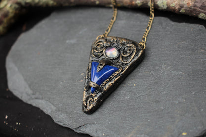 Enchanted blue gemstone talisman necklace handmade with polymer clay
