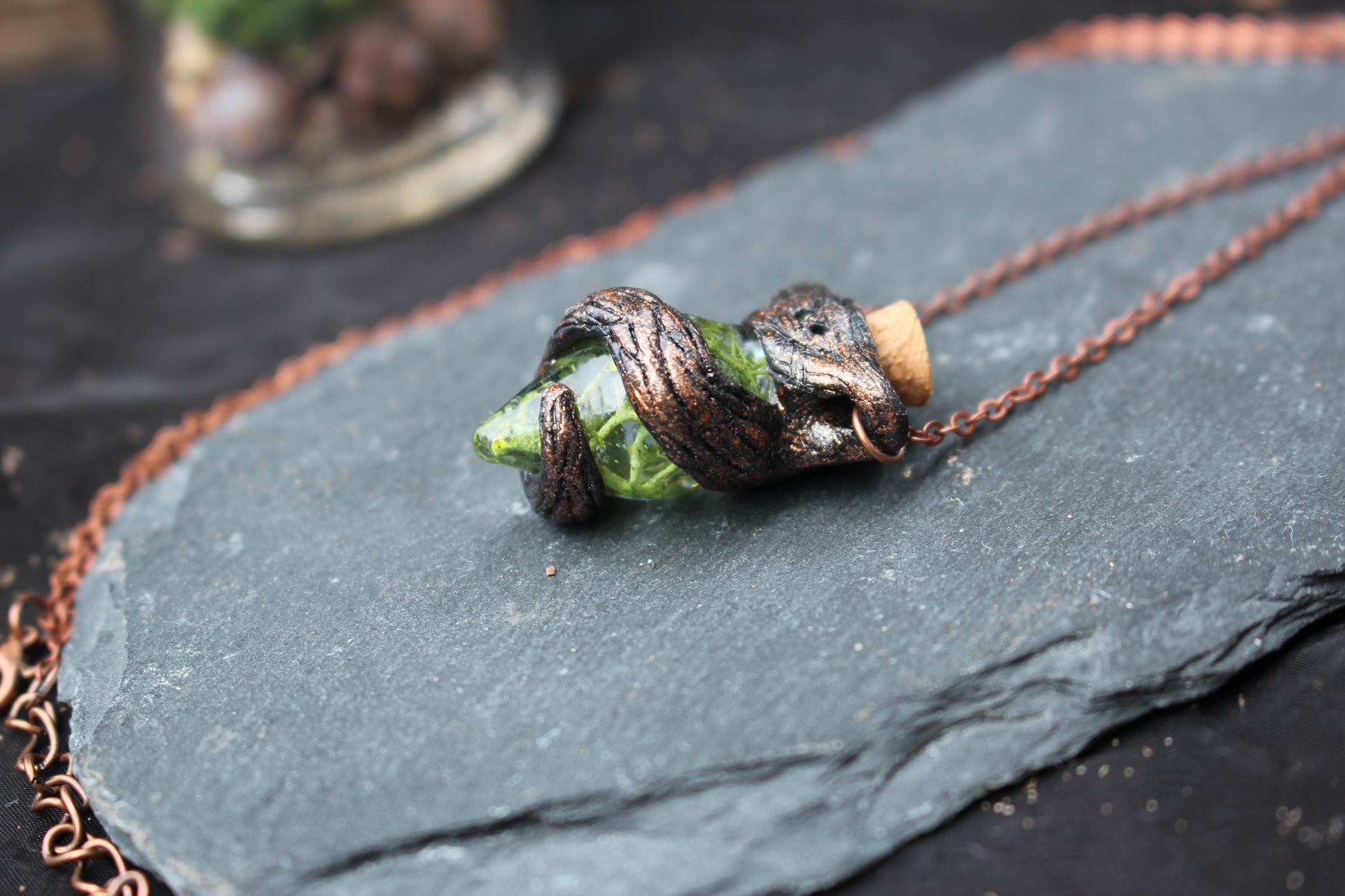 Magical forest pendant with an antique copper finish and natural aesthetic