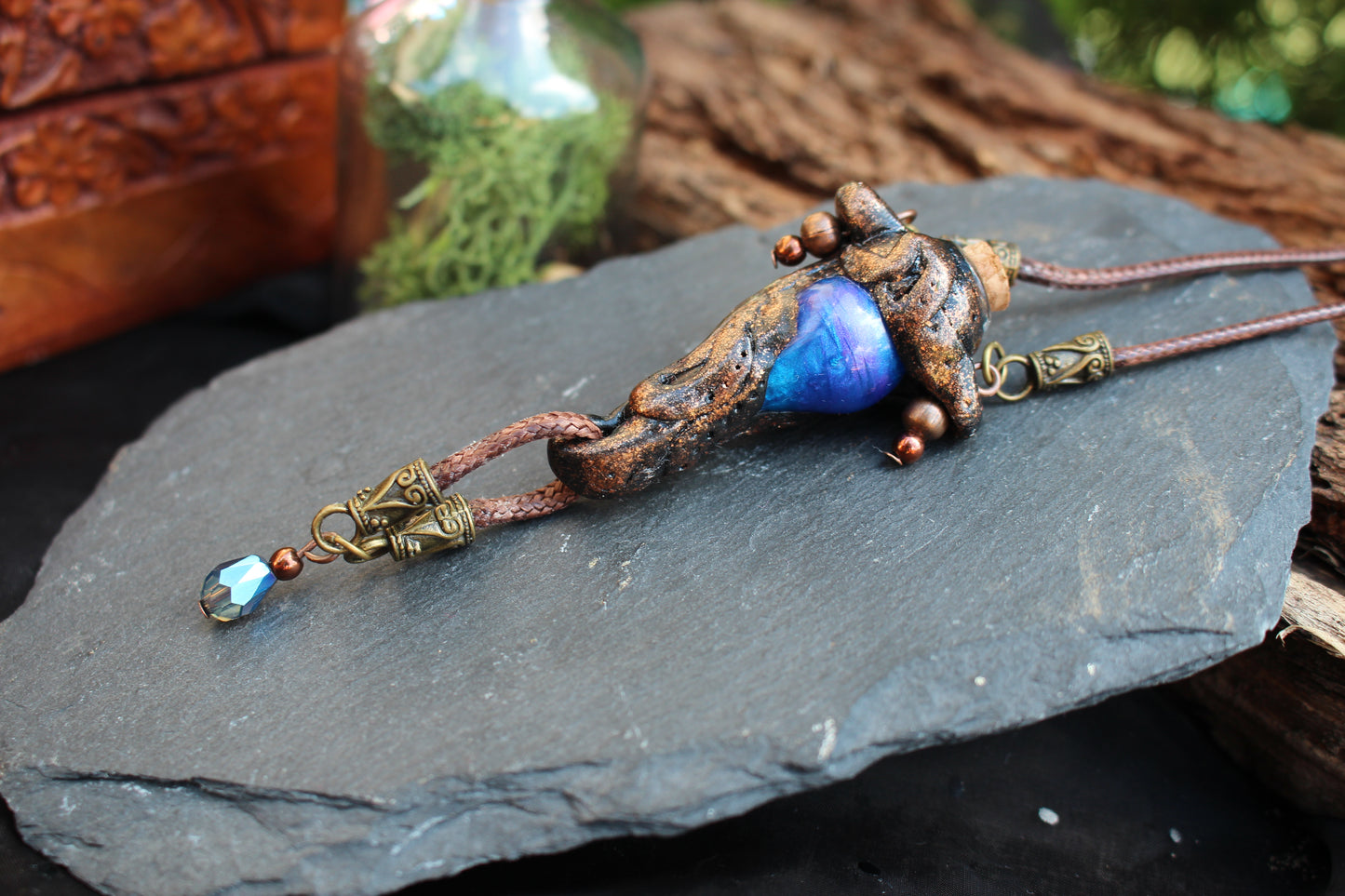 Magical glass potion bottle necklace with handmade fantasy details