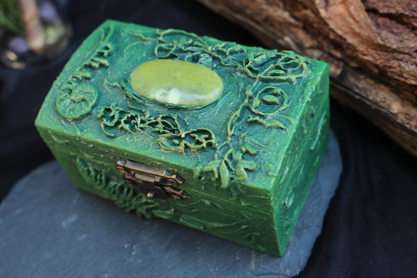 Enchanted wooden treasure box with fantasy aesthetic