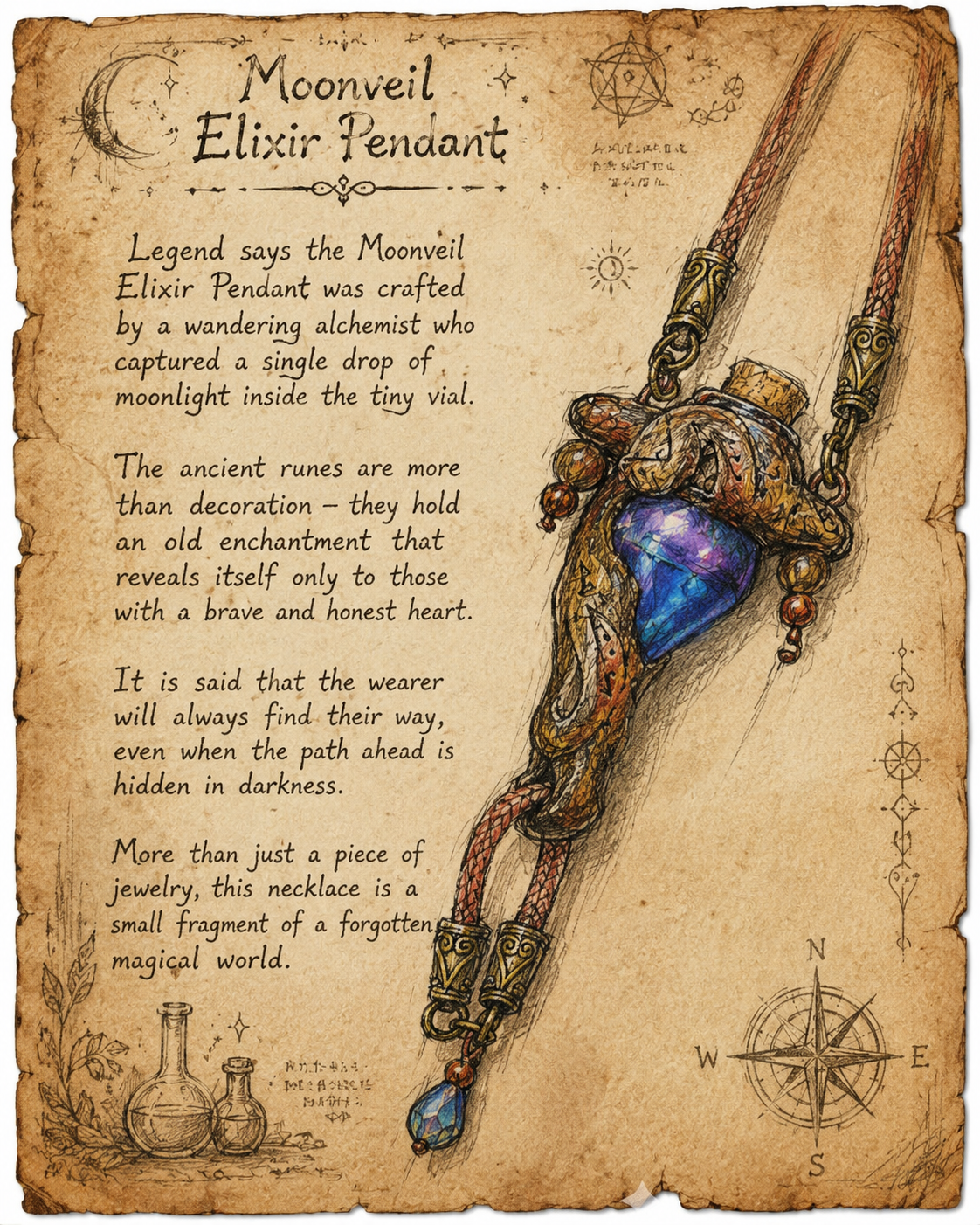 Magical woodland pendant necklace with runes and potion bottle design