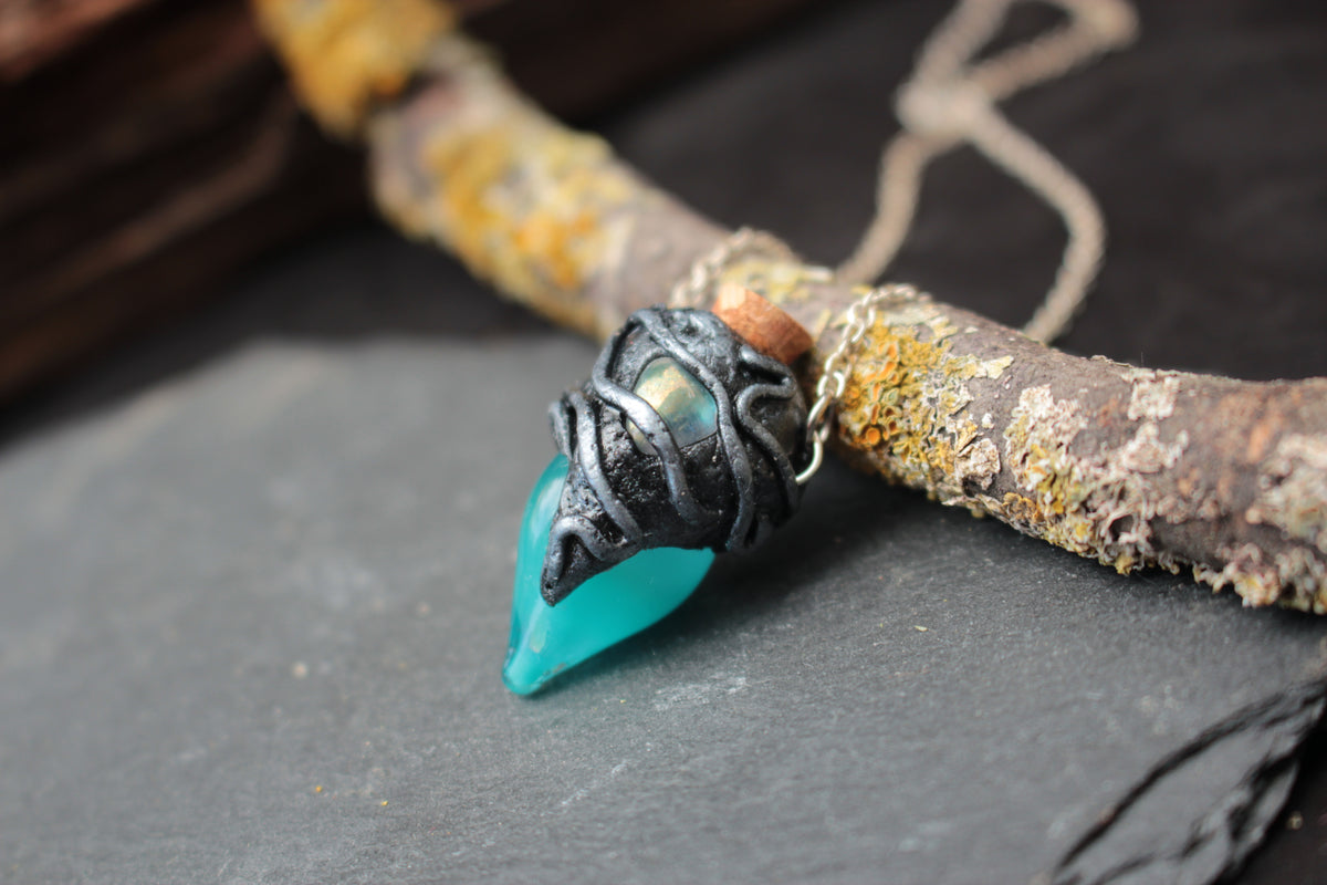 Fantasy potion necklace with turquoise vial and natural gemstone