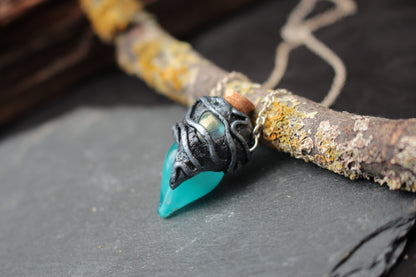 Fantasy potion necklace with turquoise vial and natural gemstone